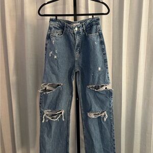 Zara Blue Distressed Wide Leg Jeans